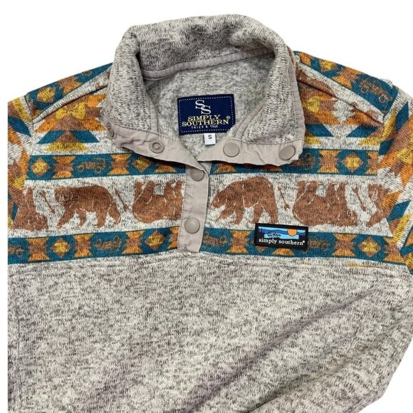 SIMPLY SOUTHERN Snap Neck Pullover "Southern Bear" Small Smoke Pockets Aztec EUC - Picture 3 of 15